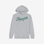 Hopsmash Hoodie & Sweatshirt features a light-gray hoodie with Hopsmash in green cursive across the chest and a hop-cone graphic, embodying a bold devotion to hops.