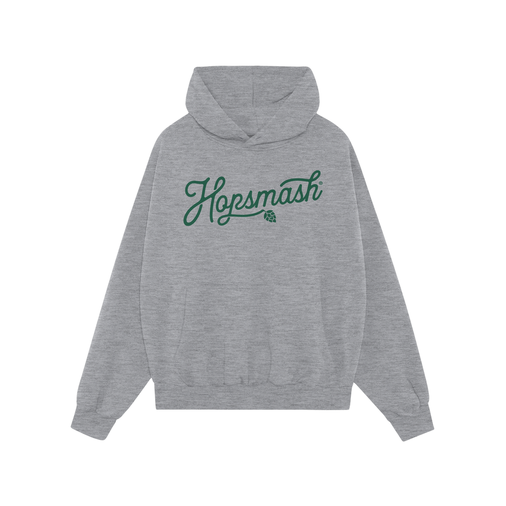 Hopsmash Hoodie & Sweatshirt features a light-gray hoodie with Hopsmash in green cursive across the chest and a hop-cone grap