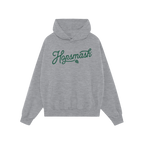 Hopsmash Hoodie & Sweatshirt features a light-gray hoodie with Hopsmash in green cursive across the chest and a hop-cone grap