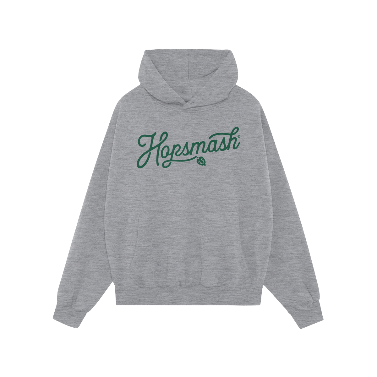 Hopsmash Hoodie & Sweatshirt features a light-gray hoodie with Hopsmash in green cursive across the chest and a hop-cone grap