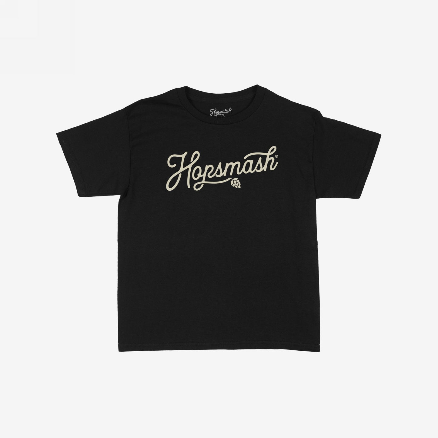 Hopsmash Women's Baby Tee featuring a cream “Hopsmash” script with hop-cone detail. This cropped T-shirt embodies bold, retro brewery vibes, perfect for beer enthusiasts and style rebels.