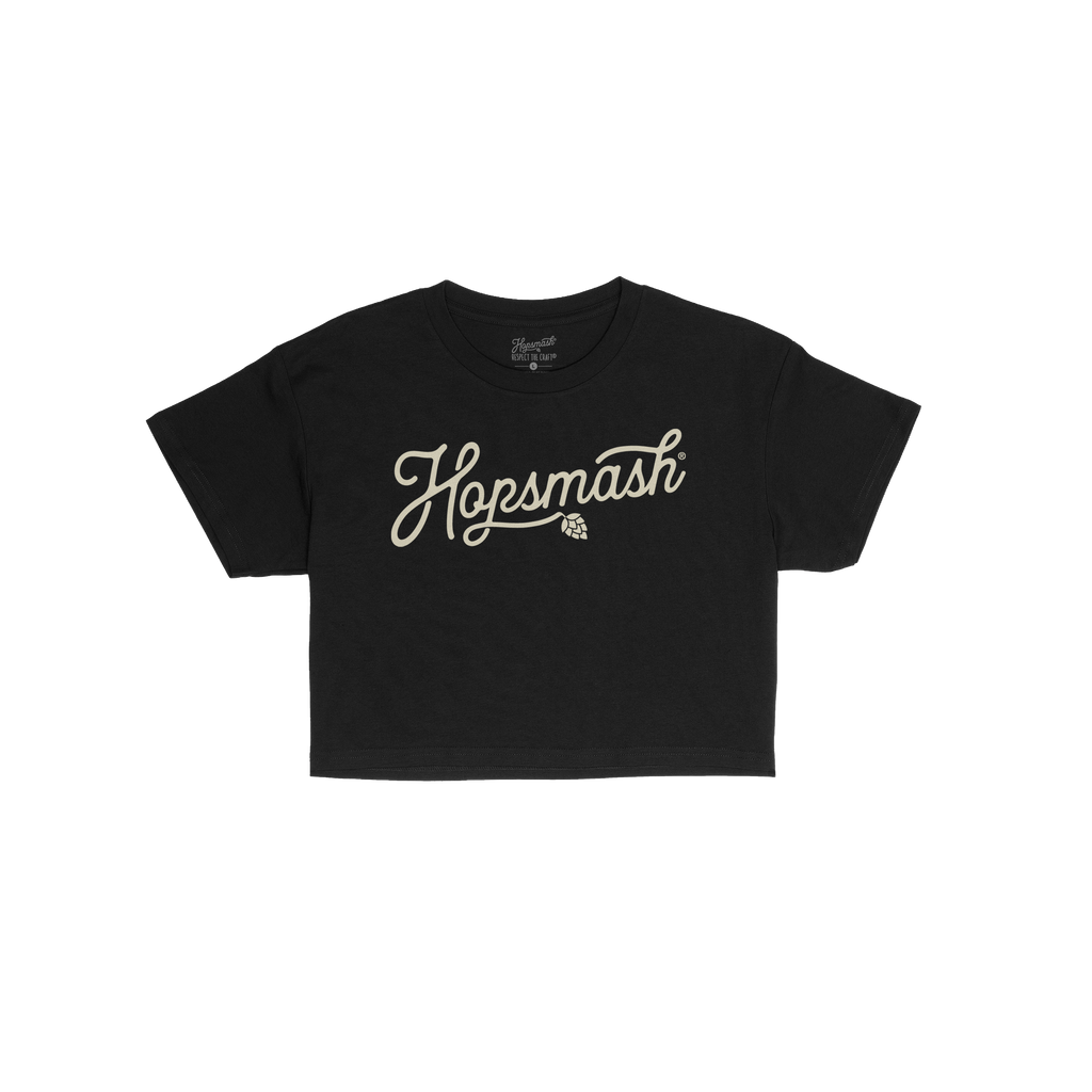 Hopsmash Women's Baby Tee featuring a cream “Hopsmash” script with hop-cone detail. This cropped T-shirt embodies bold, r