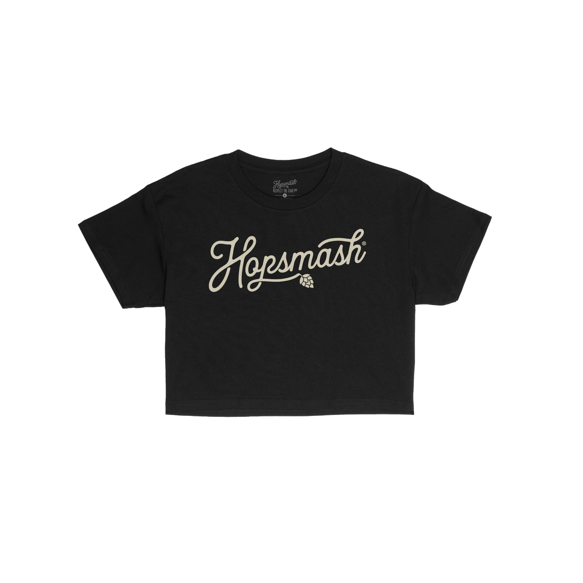 Hopsmash Women's Baby Tee featuring a cream “Hopsmash” script with hop-cone detail. This cropped T-shirt embodies bold, r