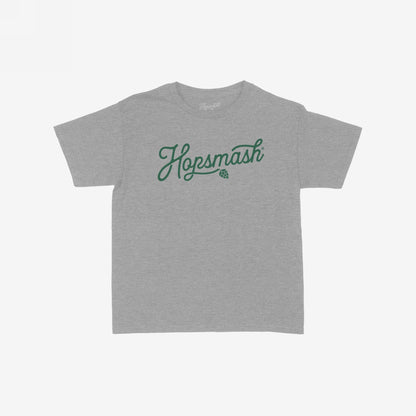 Hopsmash Women's Baby Tee, with Hopsmash in dark green cursive and a hop-cone graphic, embodies brewery flair and retro style, perfect for expressing individuality and supporting inclusive values.