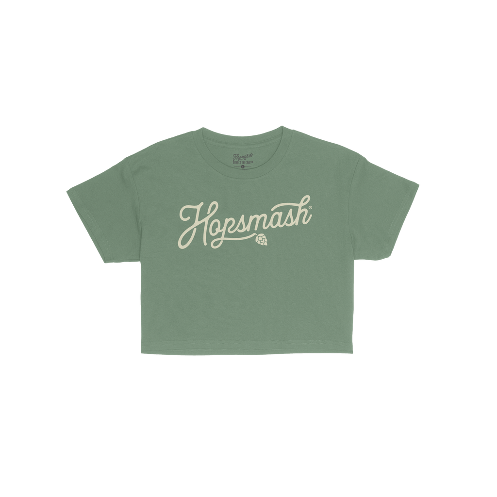 Hopsmash Women's Baby Tee featuring Hopsmash in cream script with hop icon, capturing vintage beer culture and rebellious spi