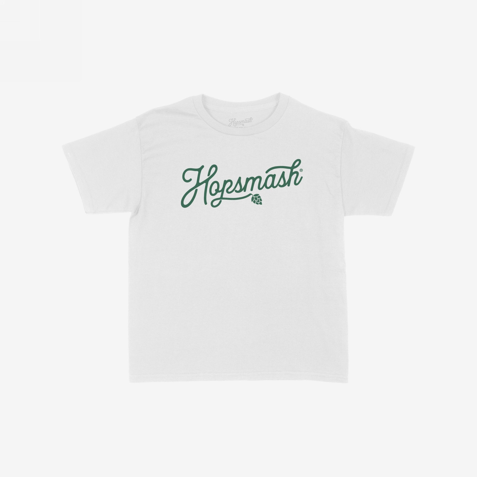 Hopsmash Women's Baby Tee featuring Hopsmash in green script with hop-cone icon, showcasing a retro, cropped style perfect for beer enthusiasts and baddies embracing bold, brewery-inspired fashion.