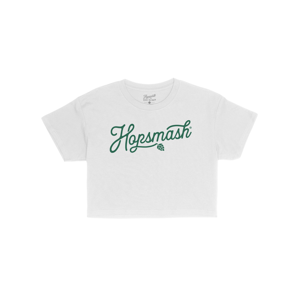 Hopsmash Women's Baby Tee featuring Hopsmash in green script with hop-cone icon, showcasing a retro, cropped style perfect fo