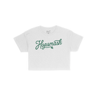 Hopsmash Women's Baby Tee featuring Hopsmash in green script with hop-cone icon, showcasing a retro, cropped style perfect fo