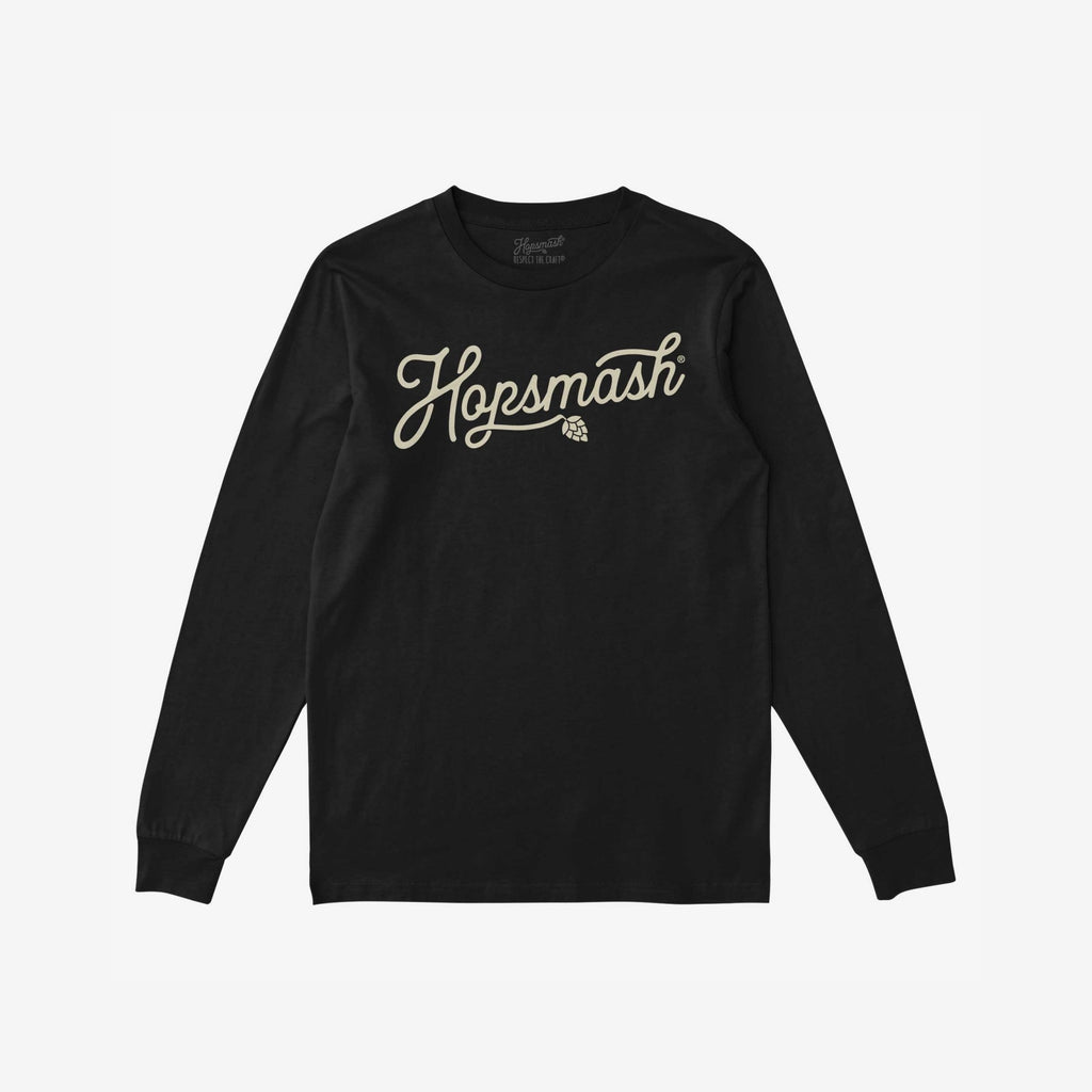 Hopsmash T-shirt: Black long-sleeve with a cream cursive “Hopsmash” logo and hop graphic, embodying bold beer culture. Perfect for craft beer enthusiasts who embrace individuality and inclusivity.