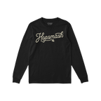 Hopsmash T-shirt: Black long-sleeve with a cream cursive “Hopsmash” logo and hop graphic, embodying bold beer culture. Pe