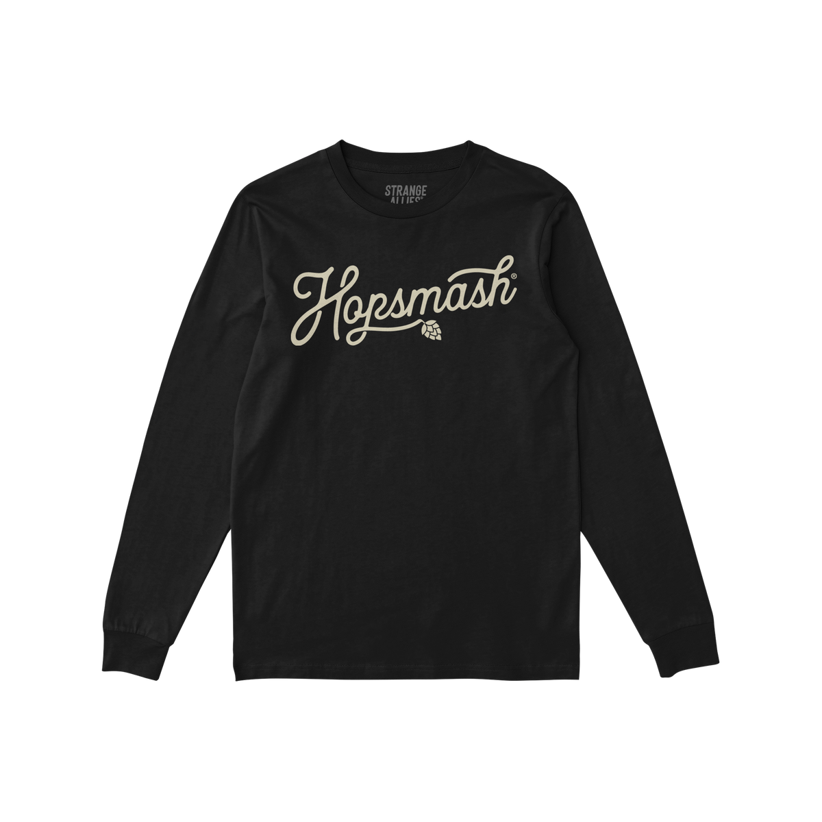 Hopsmash T-shirt: Black long-sleeve with a cream cursive “Hopsmash” logo and hop graphic, embodying bold beer culture. Pe