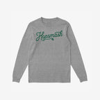 Hopsmash T-shirt featuring a flowing green script and hop-cone graphic on a heather-gray, long-sleeve crewneck. Ideal for beer enthusiasts who embrace boldness and craft beer culture.