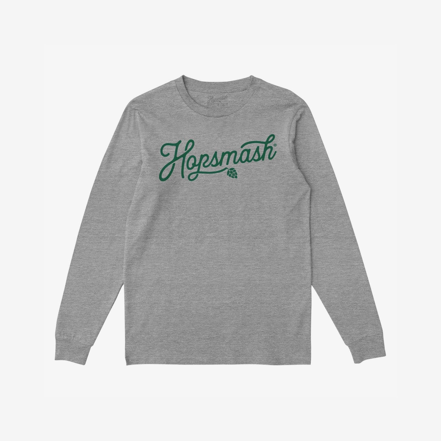 Hopsmash T-shirt featuring a flowing green script and hop-cone graphic on a heather-gray, long-sleeve crewneck. Ideal for beer enthusiasts who embrace boldness and craft beer culture.