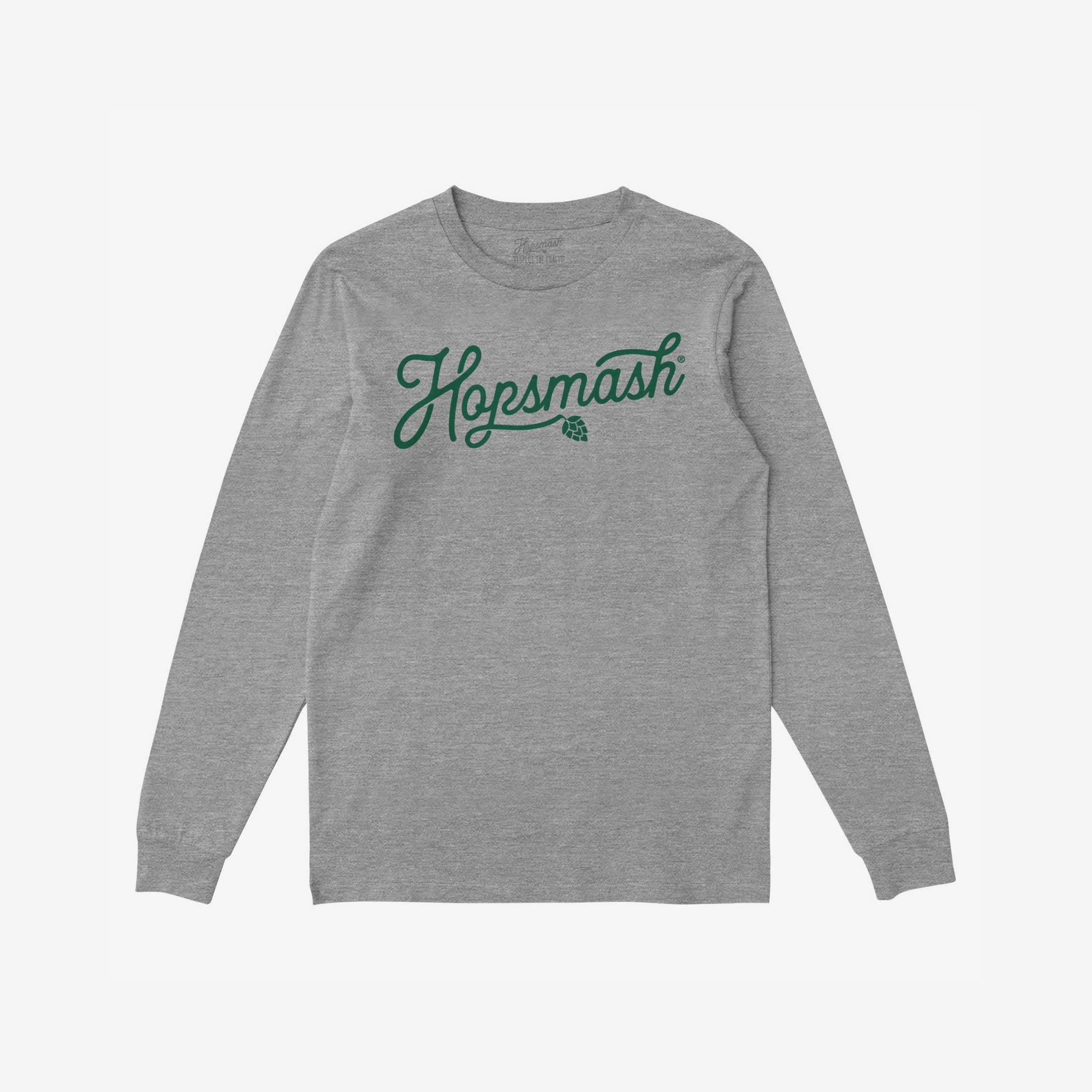 Hopsmash T-shirt featuring a flowing green script and hop-cone graphic on a heather-gray, long-sleeve crewneck. Ideal for beer enthusiasts who embrace boldness and craft beer culture.