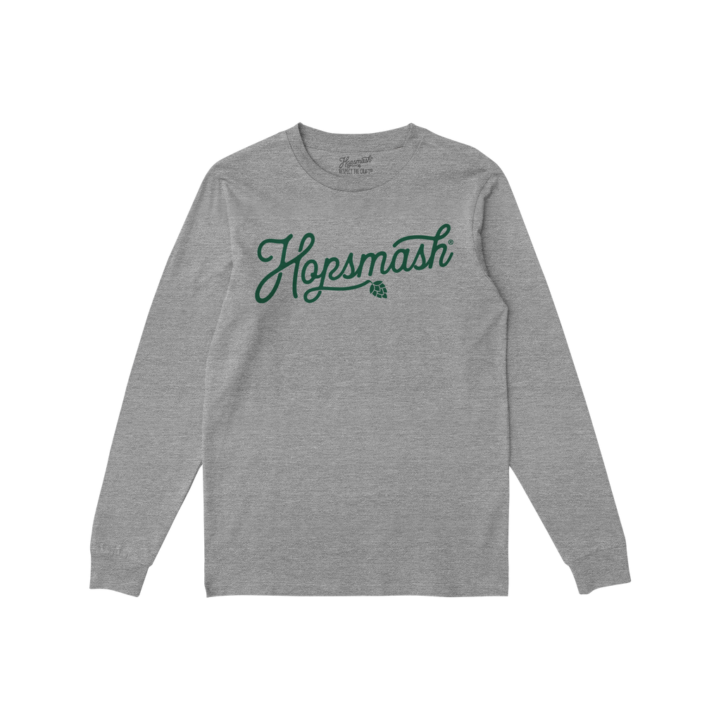 Hopsmash T-shirt featuring a flowing green script and hop-cone graphic on a heather-gray, long-sleeve crewneck. Ideal for bee