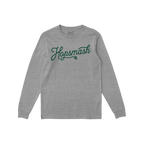 Hopsmash T-shirt featuring a flowing green script and hop-cone graphic on a heather-gray, long-sleeve crewneck. Ideal for bee