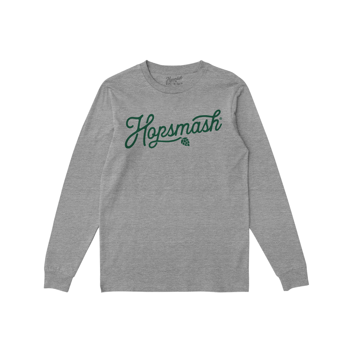 Hopsmash T-shirt featuring a flowing green script and hop-cone graphic on a heather-gray, long-sleeve crewneck. Ideal for bee