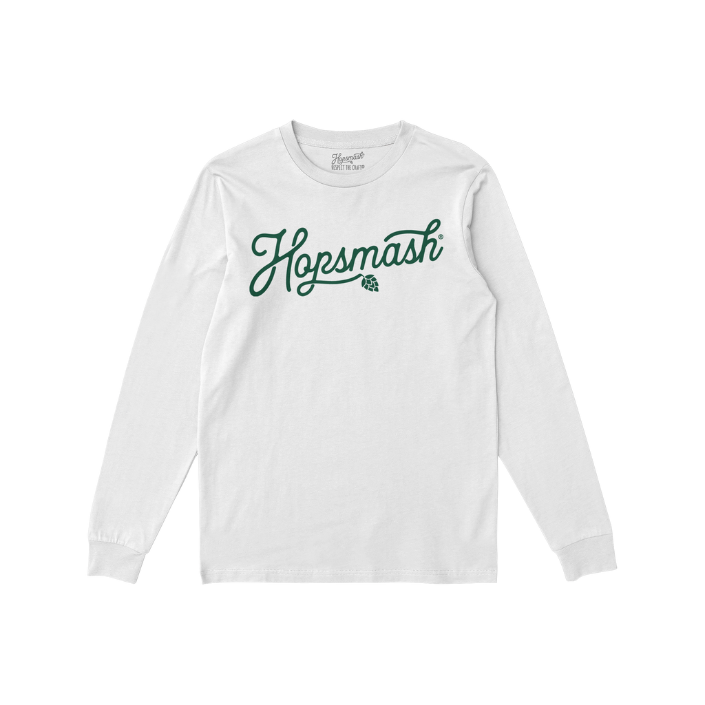 Hopsmash T-shirt features a white long-sleeve with Hopsmash in green script and a hop-cone graphic, embodying bold beer enthu
