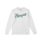 Hopsmash T-shirt features a white long-sleeve with Hopsmash in green script and a hop-cone graphic, embodying bold beer enthu
