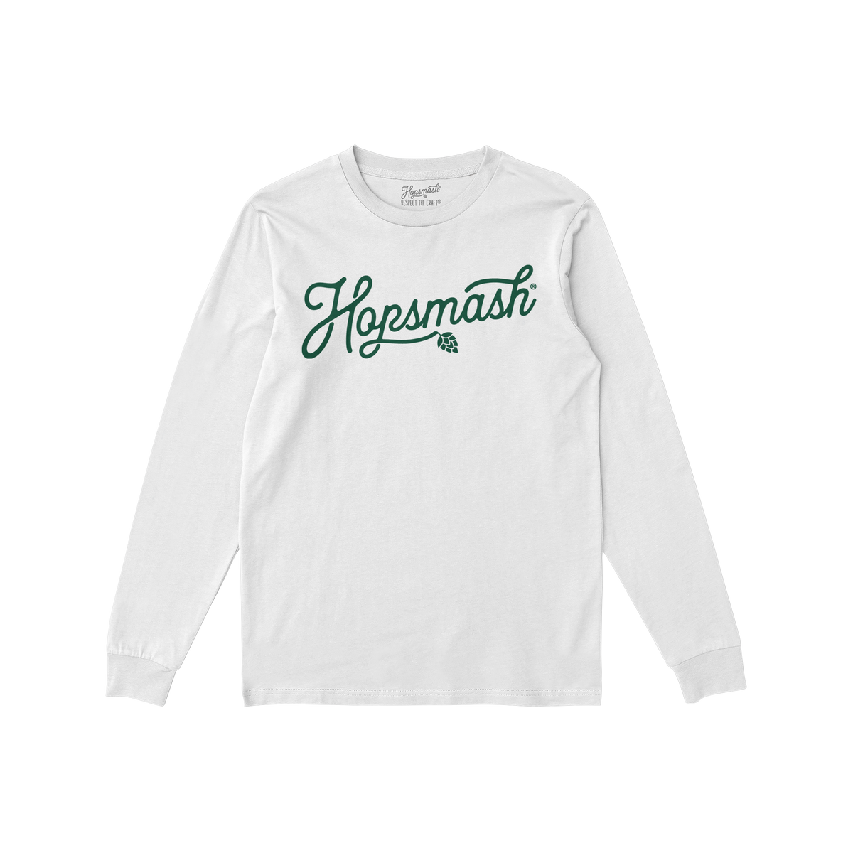 Hopsmash T-shirt features a white long-sleeve with Hopsmash in green script and a hop-cone graphic, embodying bold beer enthu