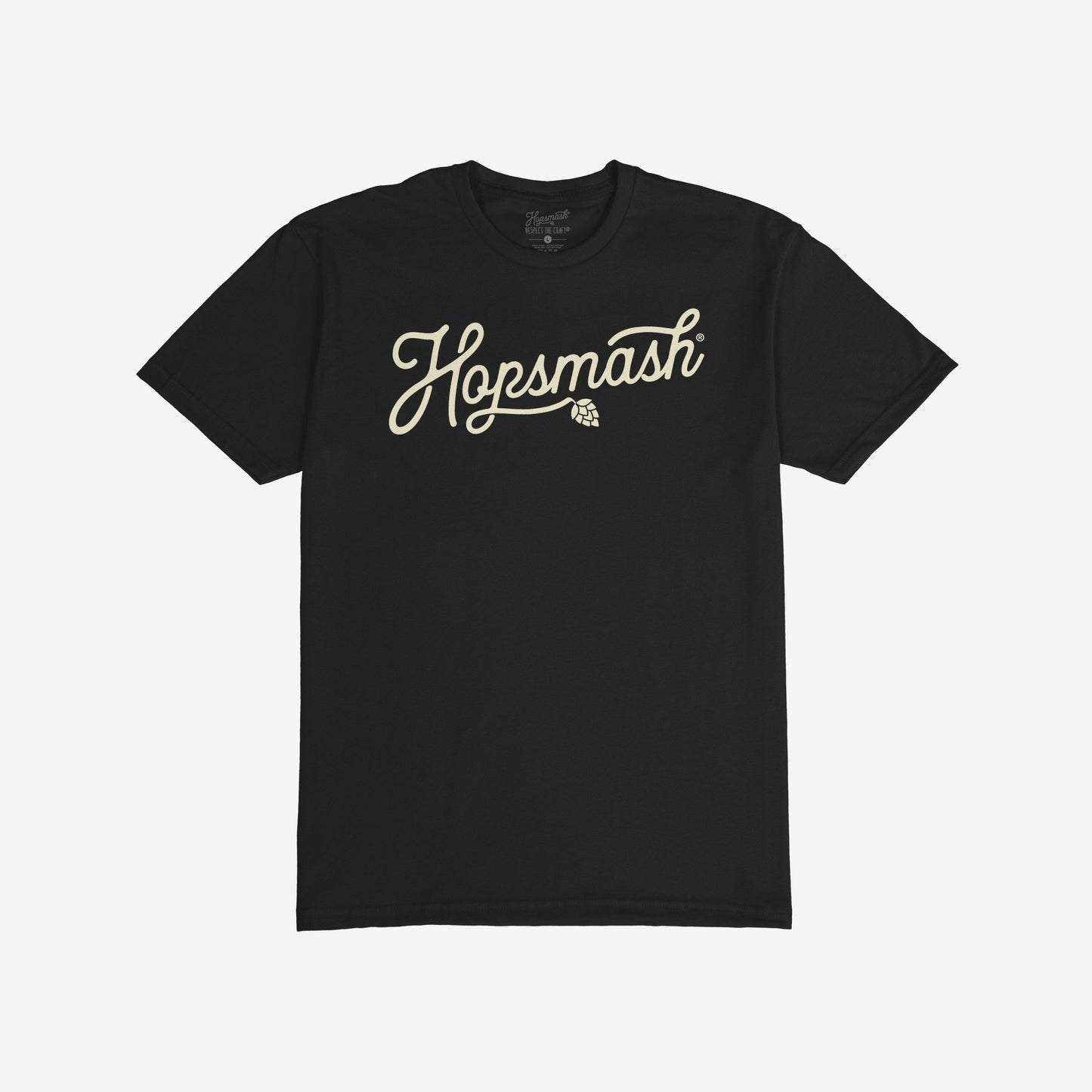 Hopsmash T-shirt: Black short-sleeved tee with “Hopsmash” in cream cursive across the chest, featuring a hop cone icon. Perfect for craft beer enthusiasts who embrace boldness and individuality.