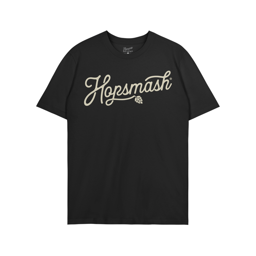 Hopsmash T-shirt: Black short-sleeved tee with “Hopsmash” in cream cursive across the chest, featuring a hop cone icon. P