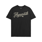 Hopsmash T-shirt: Black short-sleeved tee with “Hopsmash” in cream cursive across the chest, featuring a hop cone icon. P