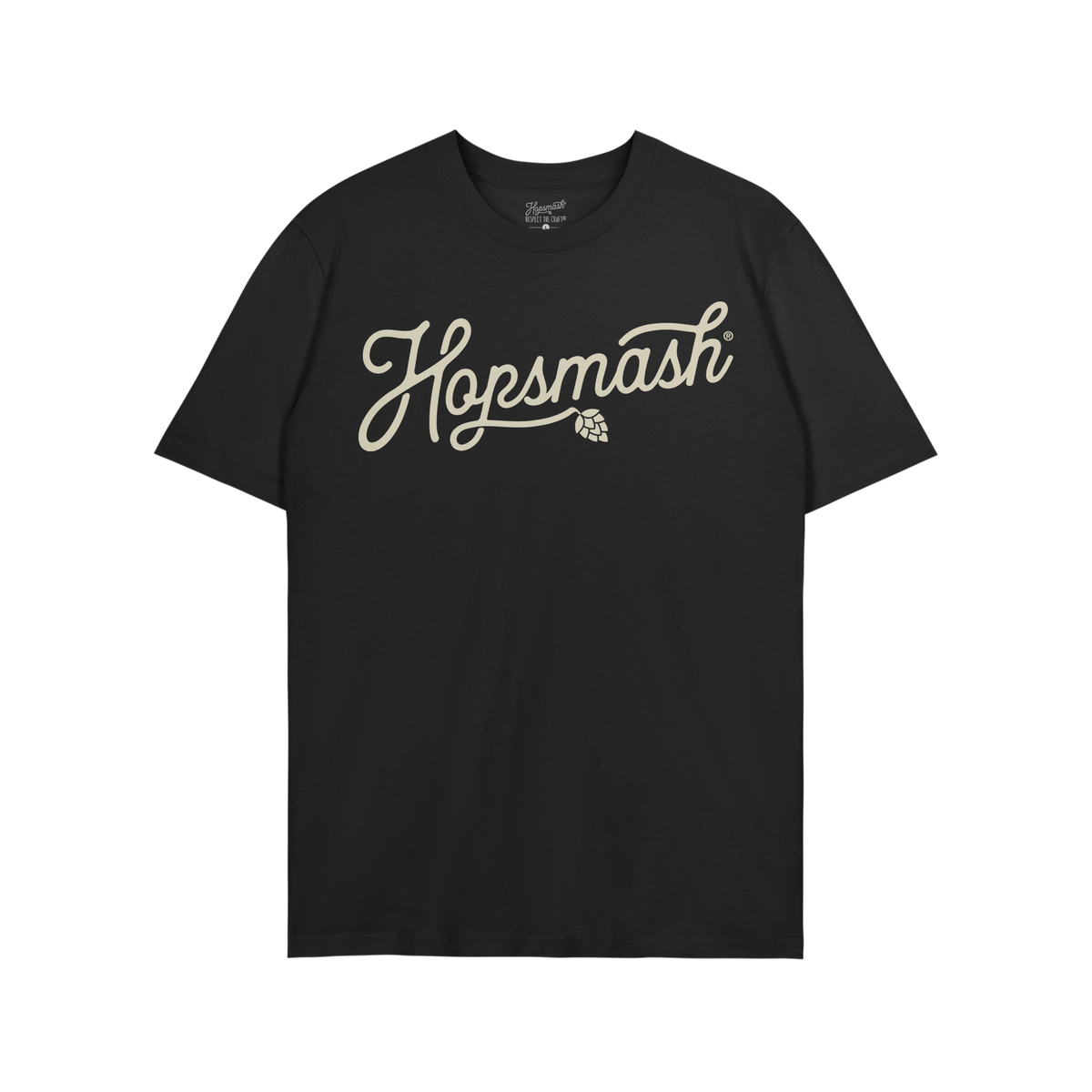 Hopsmash T-shirt: Black short-sleeved tee with “Hopsmash” in cream cursive across the chest, featuring a hop cone icon. P