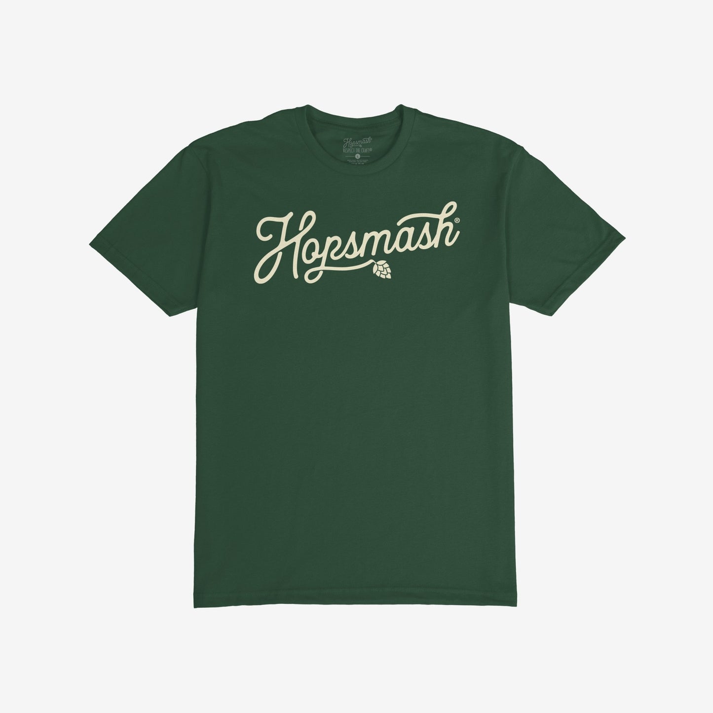 Forest-green Hopsmash T-shirt featuring a cream-colored, flowing script logo with a hop-cone graphic. Ideal for IPA enthusiasts, this tee embodies boldness and a passion for craft beer culture.
