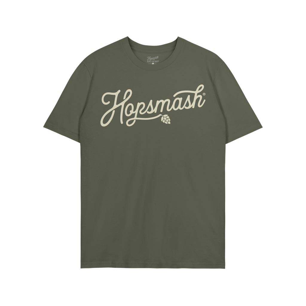 Forest-green Hopsmash T-shirt featuring a cream-colored, flowing script logo with a hop-cone graphic. Ideal for IPA enthusias