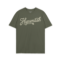 Forest-green Hopsmash T-shirt featuring a cream-colored, flowing script logo with a hop-cone graphic. Ideal for IPA enthusias