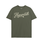 Forest-green Hopsmash T-shirt featuring a cream-colored, flowing script logo with a hop-cone graphic. Ideal for IPA enthusias