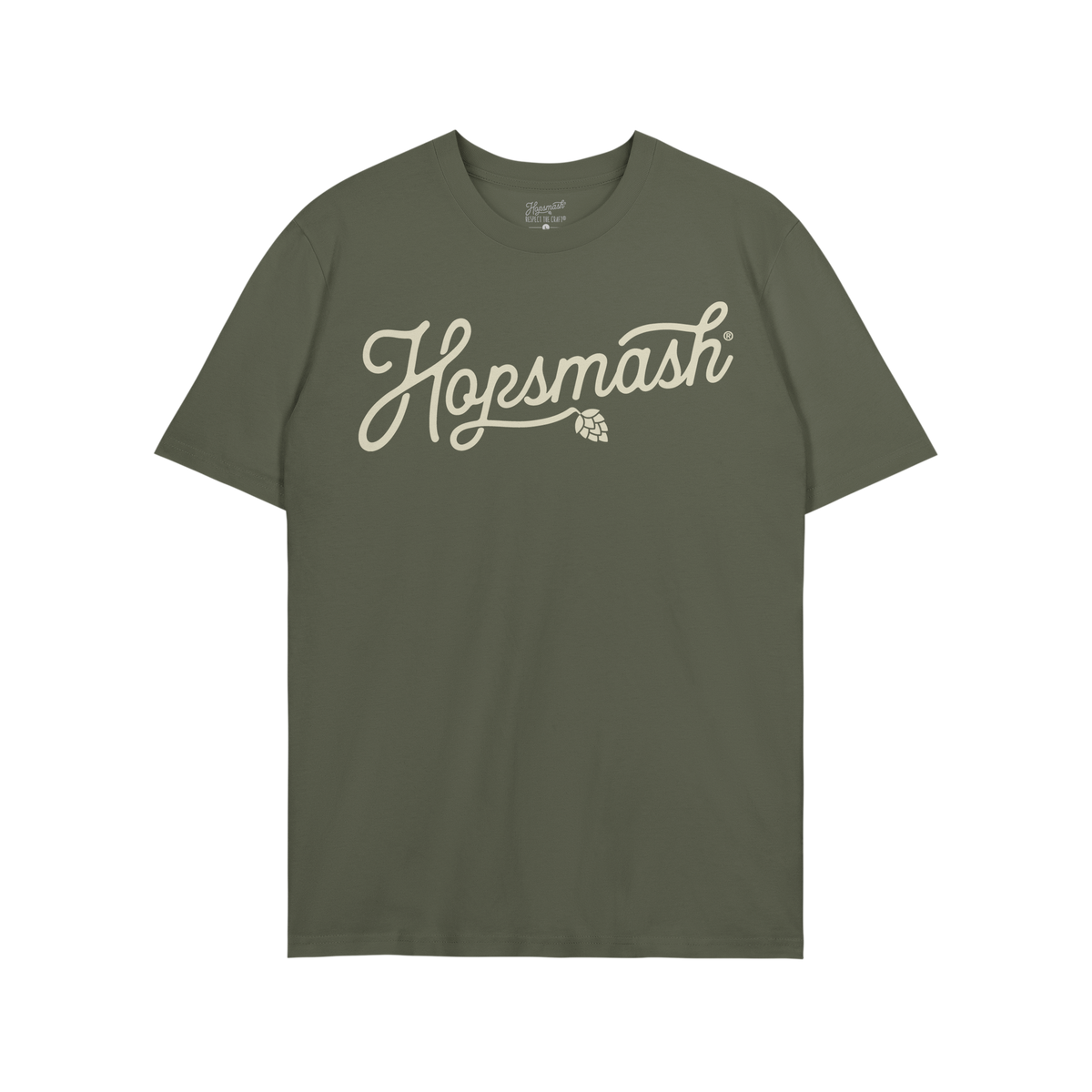 Forest-green Hopsmash T-shirt featuring a cream-colored, flowing script logo with a hop-cone graphic. Ideal for IPA enthusias