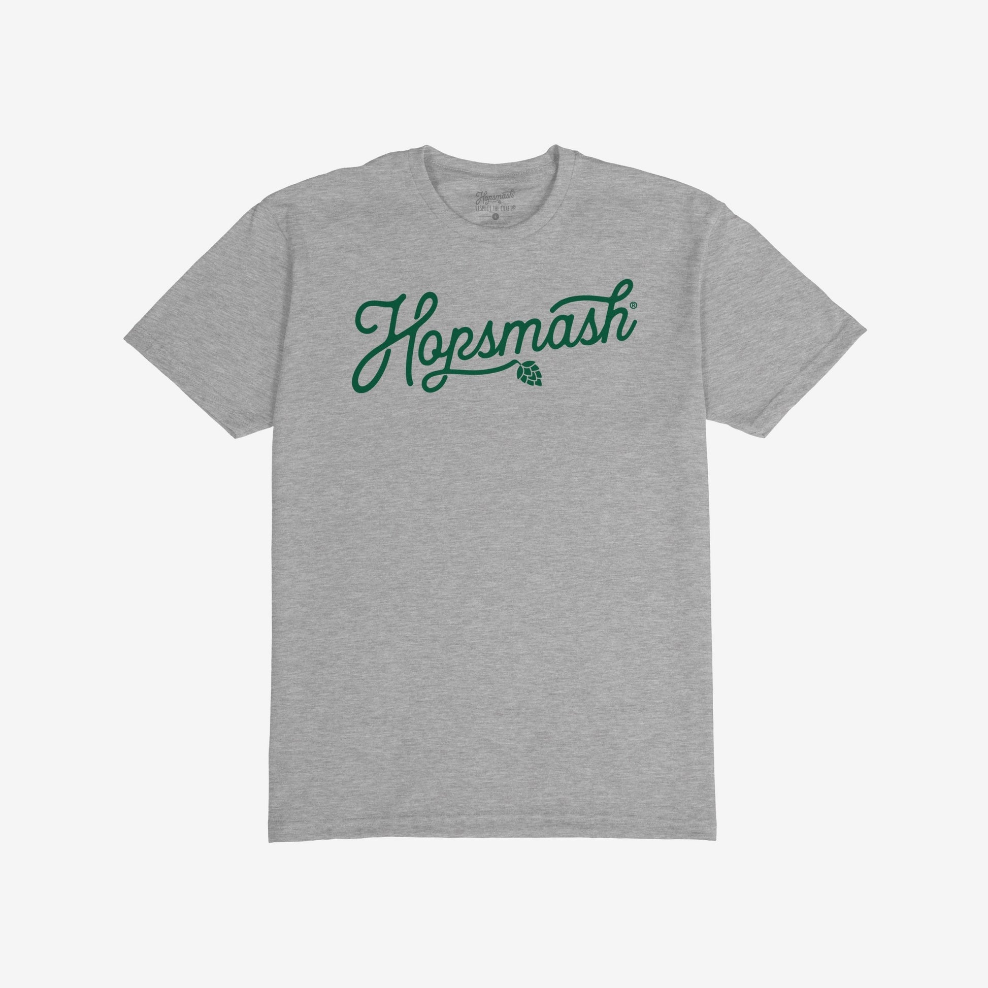 Hopsmash T-shirt features dark green script with a hop graphic, ideal for craft beer enthusiasts. This light-gray tee embodies a bold, rebellious spirit that aligns with inclusive values.
