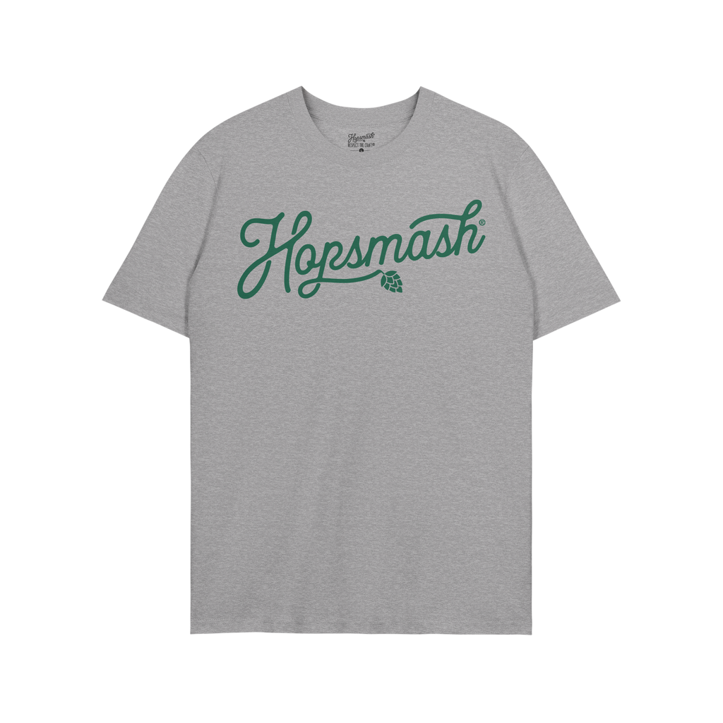 Hopsmash T-shirt features dark green script with a hop graphic, ideal for craft beer enthusiasts. This light-gray tee embodie