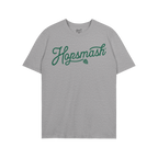 Hopsmash T-shirt features dark green script with a hop graphic, ideal for craft beer enthusiasts. This light-gray tee embodie