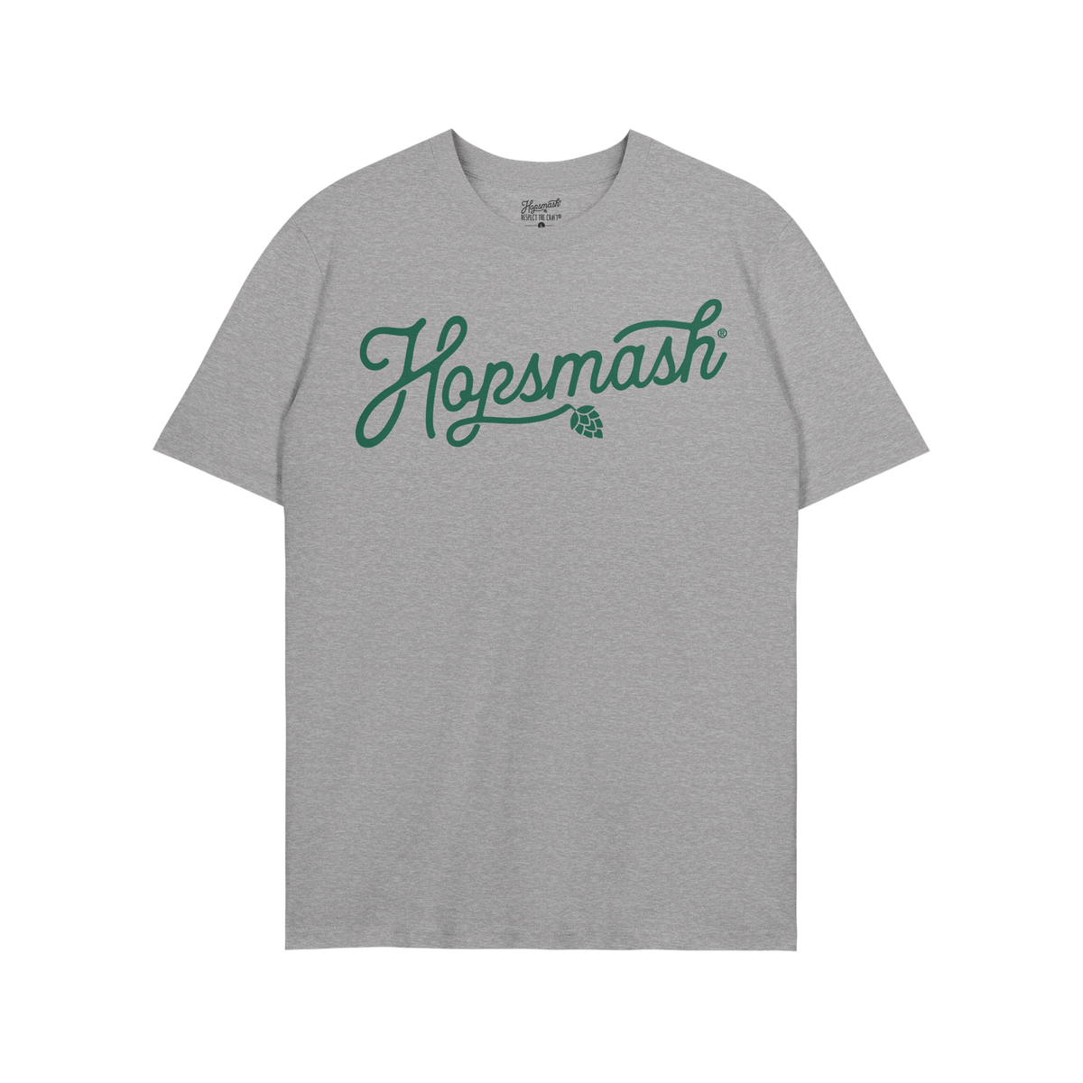 Hopsmash T-shirt features dark green script with a hop graphic, ideal for craft beer enthusiasts. This light-gray tee embodie