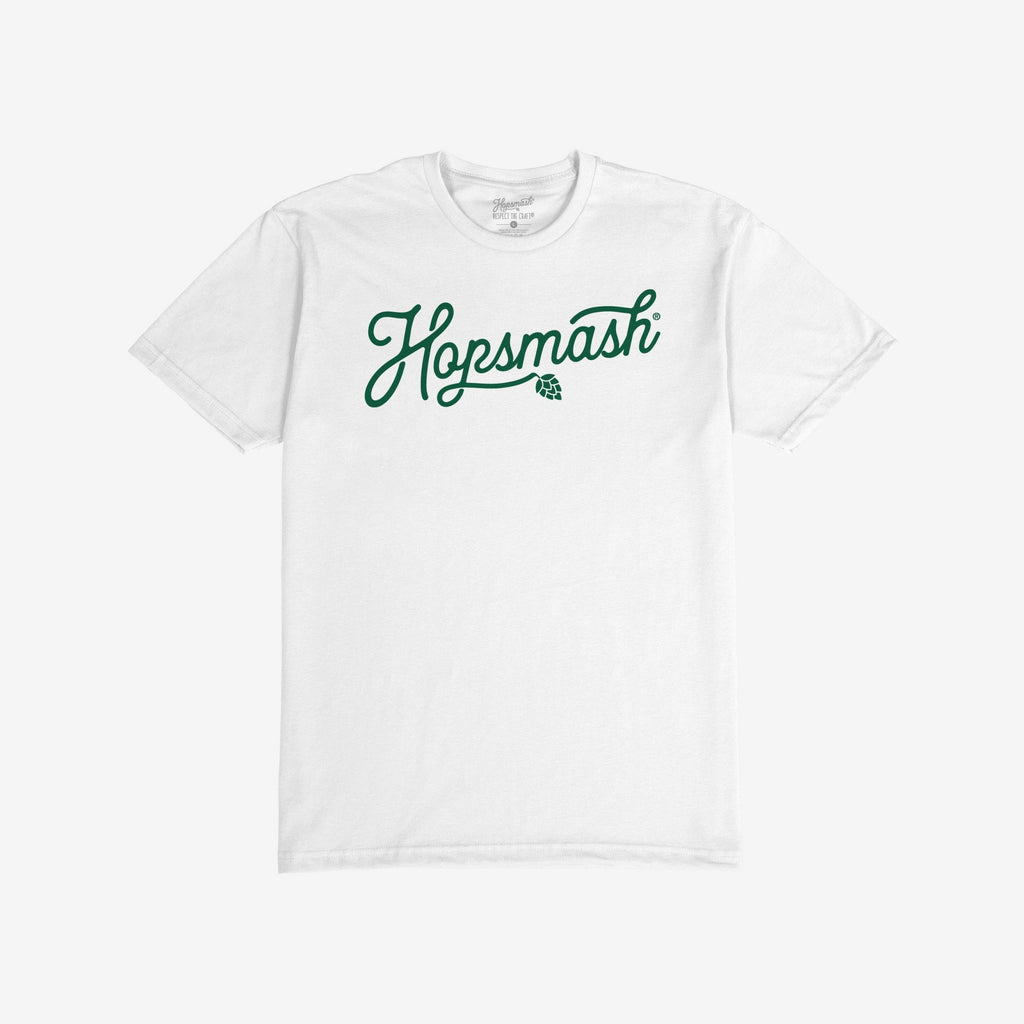 Hopsmash T-shirt featuring a flowing green cursive logo with a hop-cone graphic integrated into the design, symbolizing a bold, beer-loving spirit. Perfect for enthusiasts who value craft beer culture.