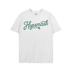 Hopsmash T-shirt featuring a flowing green cursive logo with a hop-cone graphic integrated into the design, symbolizing a bol