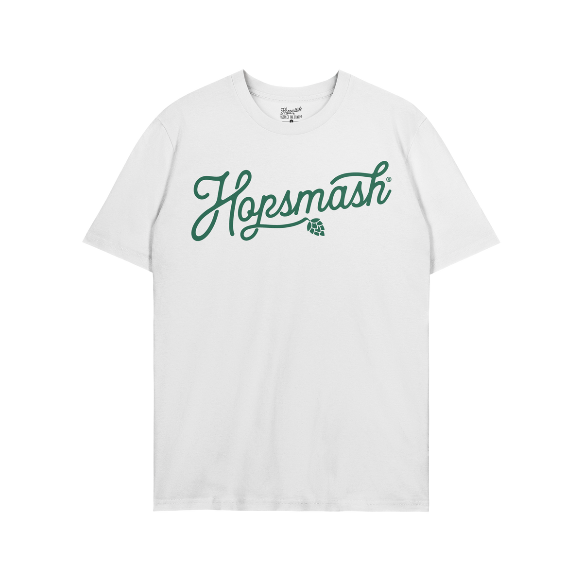 Hopsmash T-shirt featuring a flowing green cursive logo with a hop-cone graphic integrated into the design, symbolizing a bol