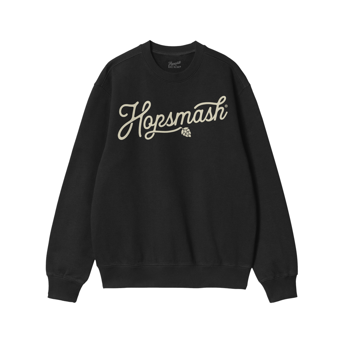 Hopsmash Hoodie & Sweatshirt: Black crew-neck with “Hopsmash” in cream cursive and hop-cone design, embodying bold hop de