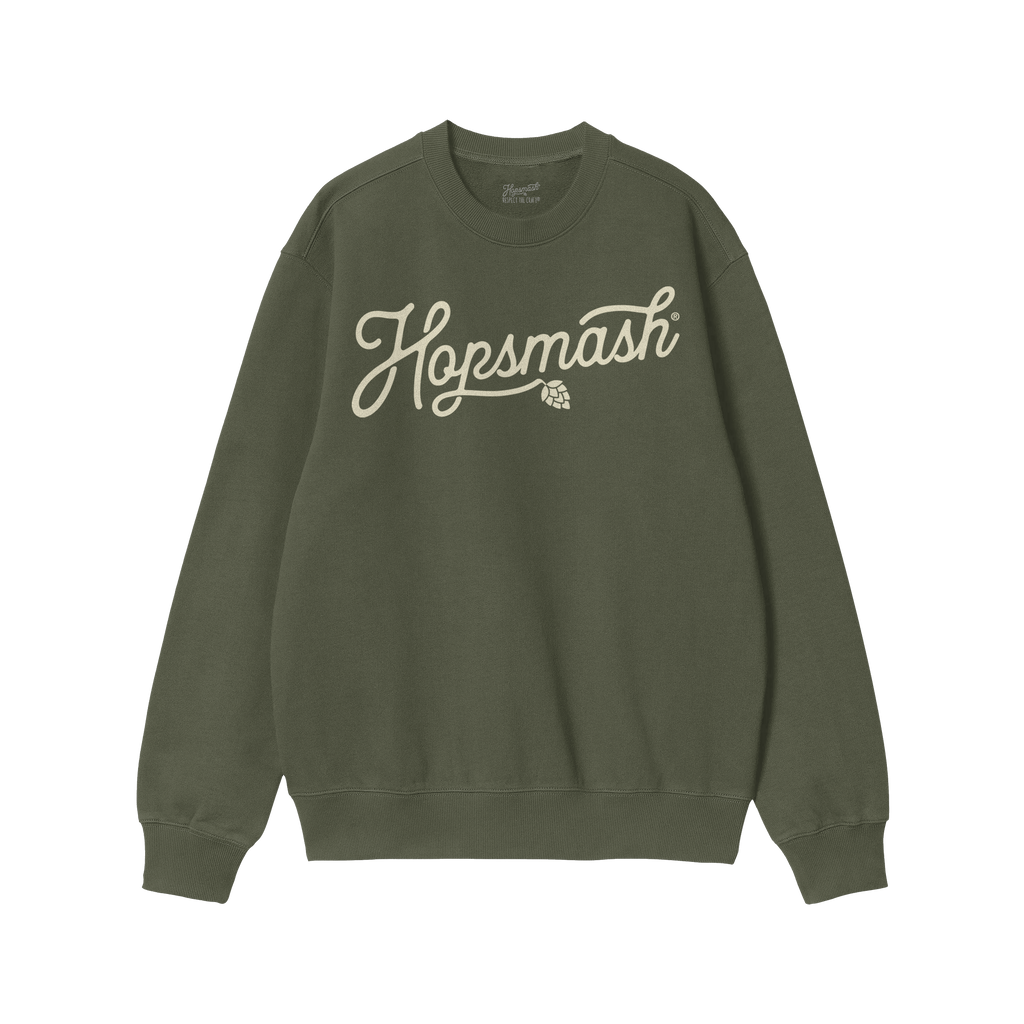 Hopsmash Hoodie & Sweatshirt showcases a forest-green crewneck with Hopsmash in cursive and a hop-cone graphic, embodying bol
