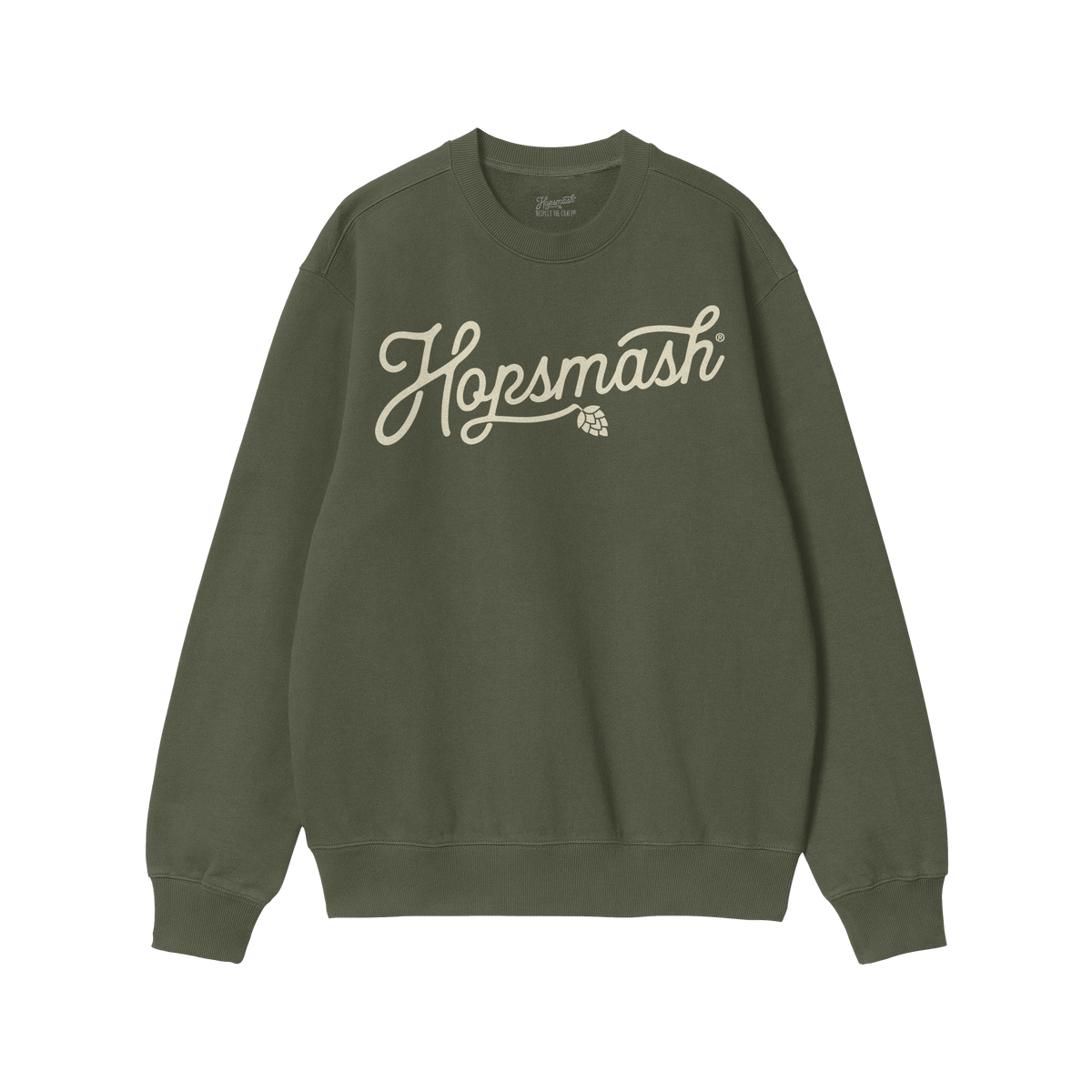 Hopsmash Hoodie & Sweatshirt showcases a forest-green crewneck with Hopsmash in cursive and a hop-cone graphic, embodying bol