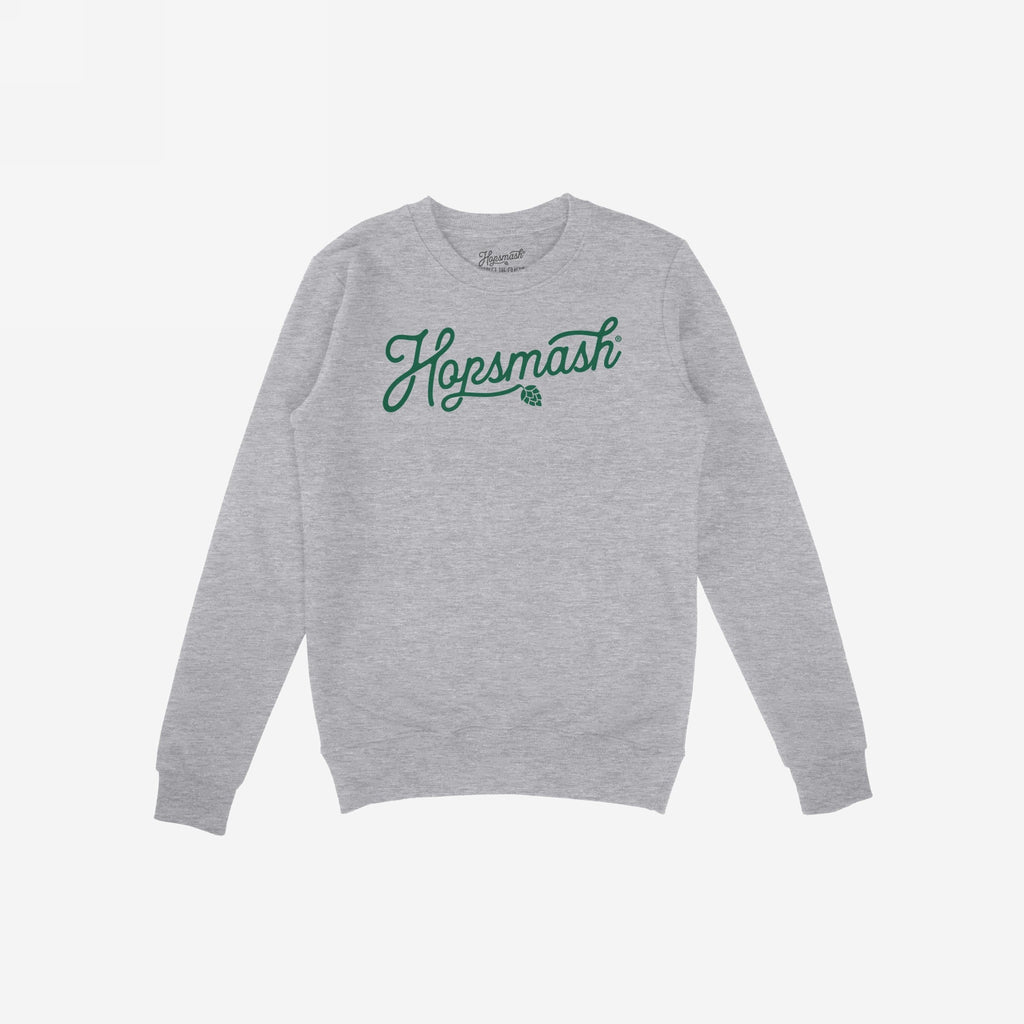 Hopsmash Hoodie & Sweatshirt features a light-gray crewneck with Hopsmash in green script and a hop-cone icon, embodying bold, hop-loving individuality.