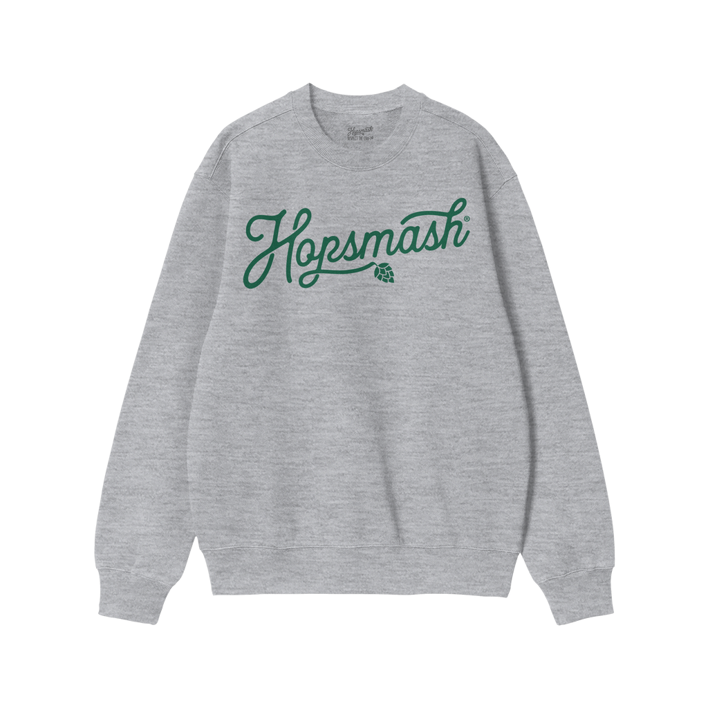 Hopsmash Hoodie & Sweatshirt features a light-gray crewneck with Hopsmash in green script and a hop-cone icon, embodying bold