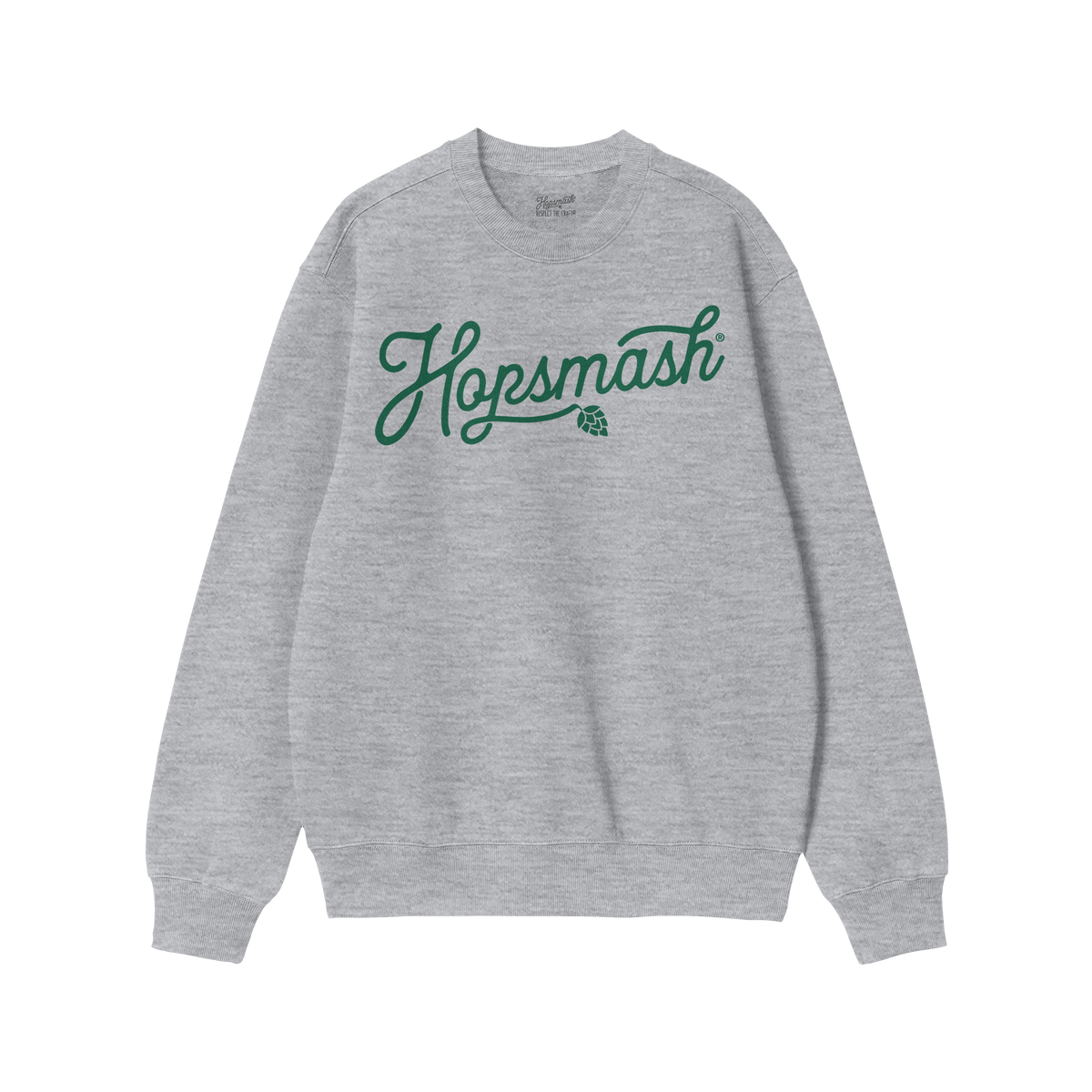 Hopsmash Hoodie & Sweatshirt features a light-gray crewneck with Hopsmash in green script and a hop-cone icon, embodying bold
