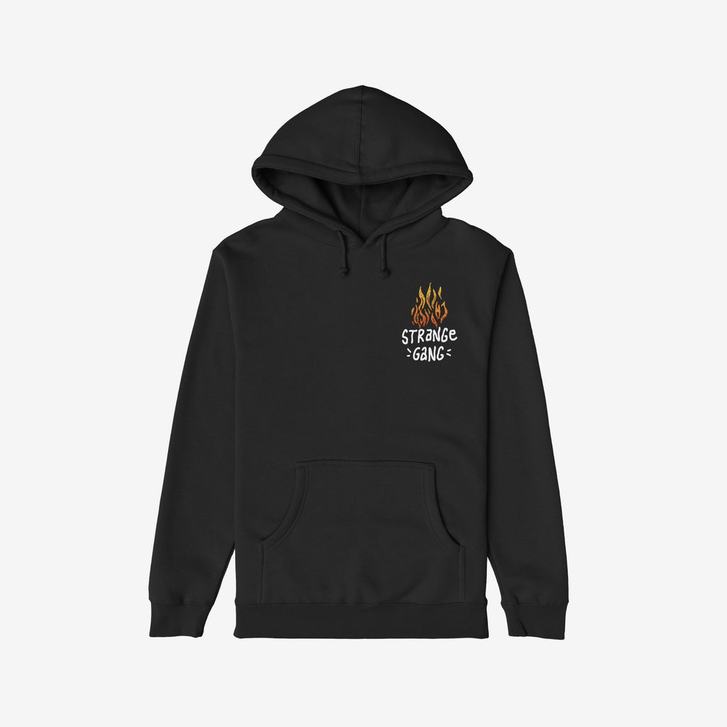 Black pullover hoodie featuring ICE Is State Sponsored Terrorism slogan with flame graphic, supporting immigrant rights activism. Offers kangaroo pocket, adjustable hood, and ribbed cuffs for comfort and protest readiness.