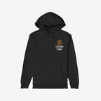 Black pullover hoodie featuring ICE Is State Sponsored Terrorism slogan with flame graphic, supporting immigrant rights activism. Offers kangaroo pocket, adjustable hood, and ribbed cuffs for comfort and protest readiness.
