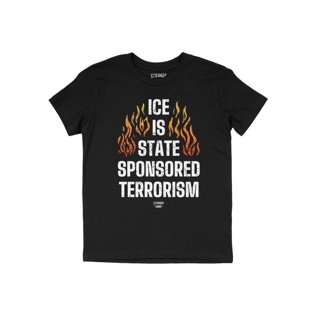 Black T-shirt featuring bold text ICE Is State Sponsored Terrorism framed by orange/yellow flames, designed for protest and a