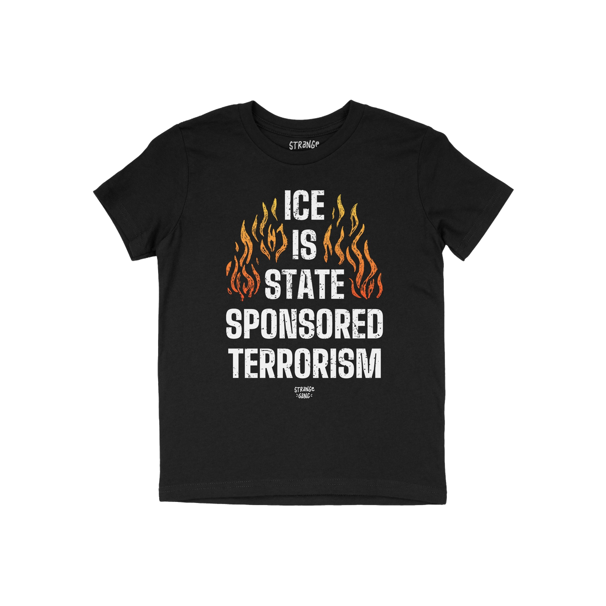Black T-shirt featuring bold text ICE Is State Sponsored Terrorism framed by orange/yellow flames, designed for protest and a